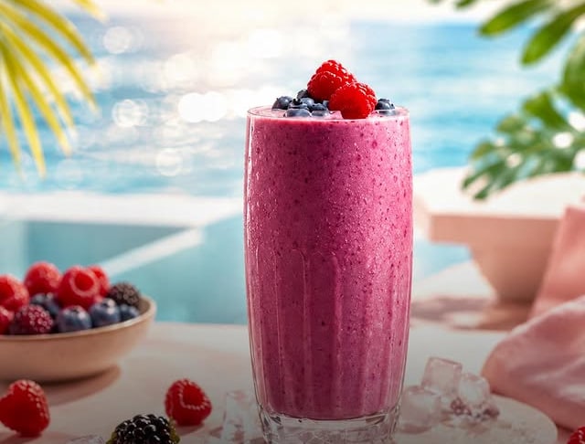 Berry smoothie topped with fresh raspberries and blueberries