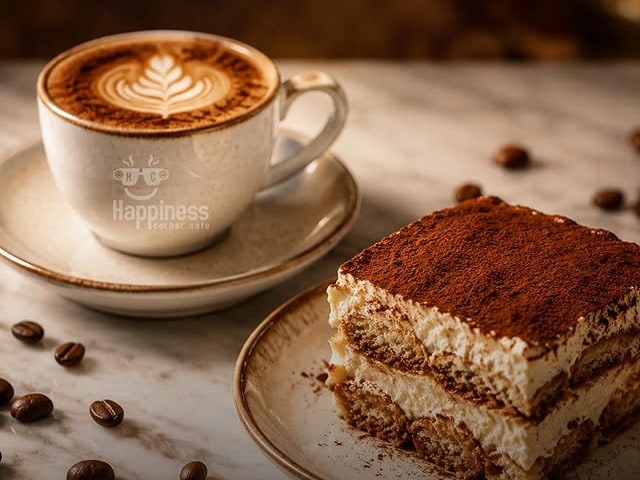 Mocha with latte art beside a slice of tiramisu