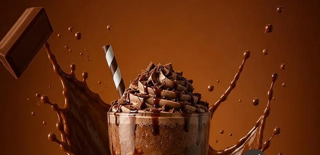 Chocolate shake topped with chocolate curls and a splash of chocolate