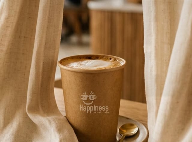 A takeaway coffee on the counter inside Happiness Corner Cafe